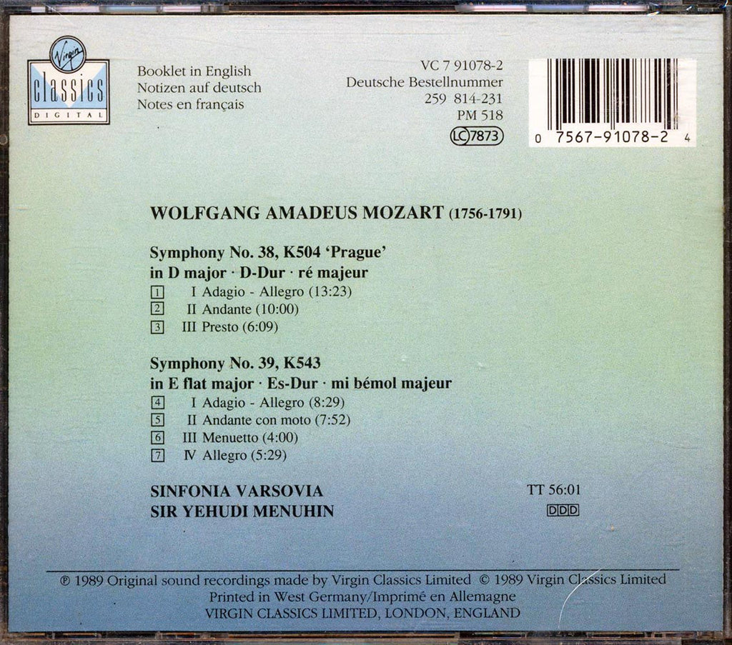 Mozart, Sir Yehudi Menuhin, Sinfonia Varsovia - Symphonies No. 38 Prague And No. 39 Music CD