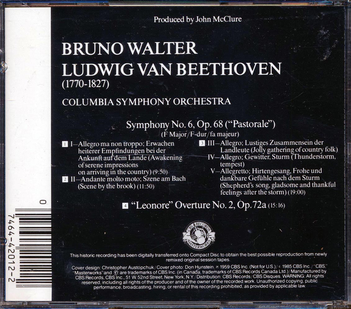 Bruno Walter, Beethoven, Columbia Symphony Orchestra - Symnphony No. 6; Leonore Overture Music CD