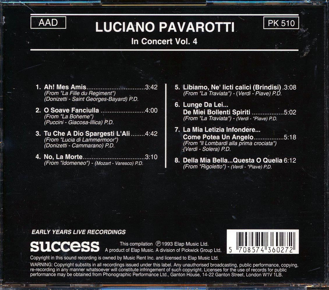 Luciano Pavarotti - In Concert Volume 4 Music CD