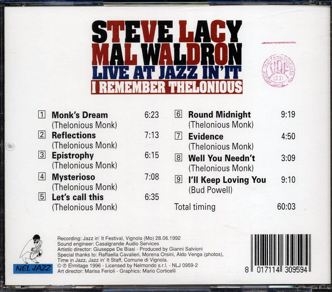 Steve Lacy, Mal Waldron - Live At Jazz International: I Remember Thelonious Music CD