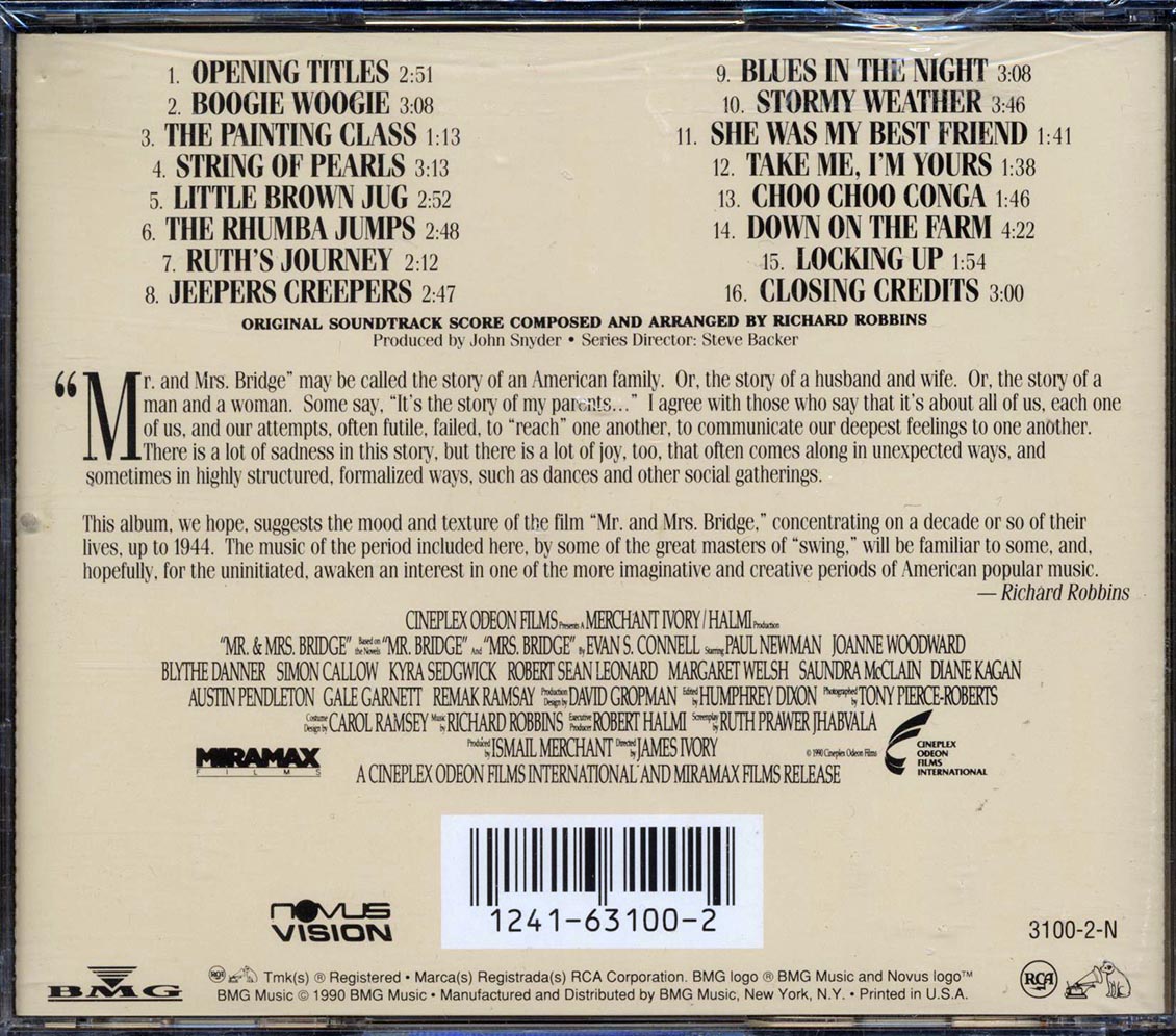 Glenn Miller & His Orchestra, Richard Robbins, Lena Horne, Etc. - Mr. & Mrs. Bridge Original Soundtrack Recording Music CD