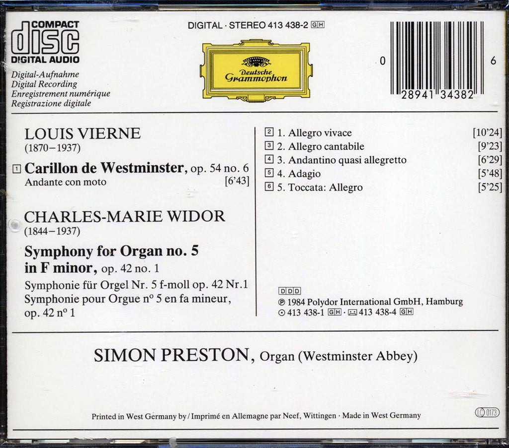 Widor, Vierne, Simon Preston - Symphony No. 5; Carillon De Westminster Music CD