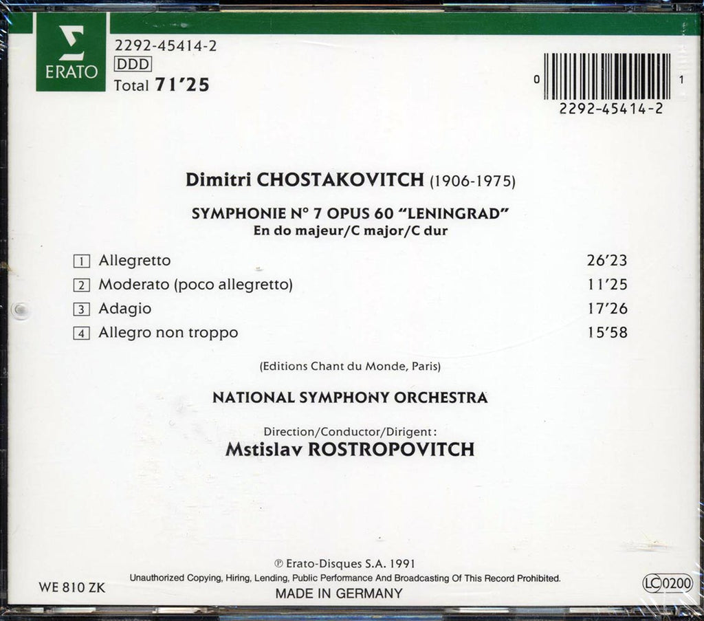 Chostakovitch, National Symphony Orchestra, Mstislav Rostropovitch - Symphonie No. 7: Lenningrad Music CD
