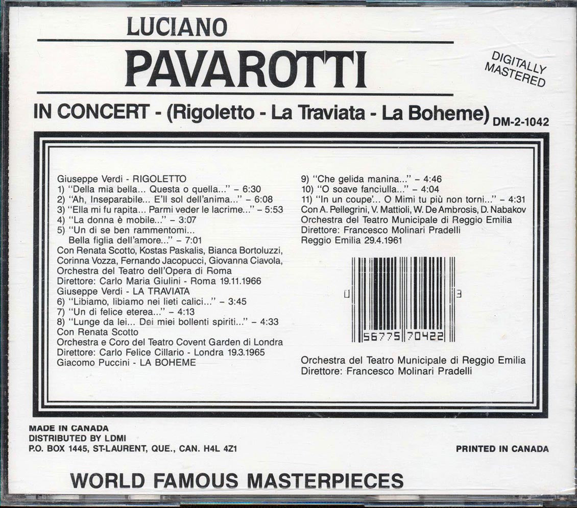 Luciano Pavarotti - In Concert: Rigoletto La Traviata La Boheme Music CD