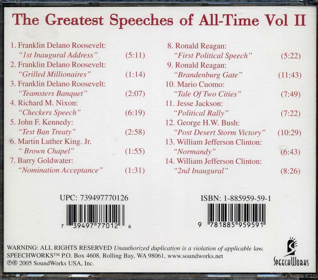 Franklin D Roosevelt, Ronald Reagan, John F Kennedy, Etc. - The Greatest Speeches Of All-Time Volume 2 Music CD