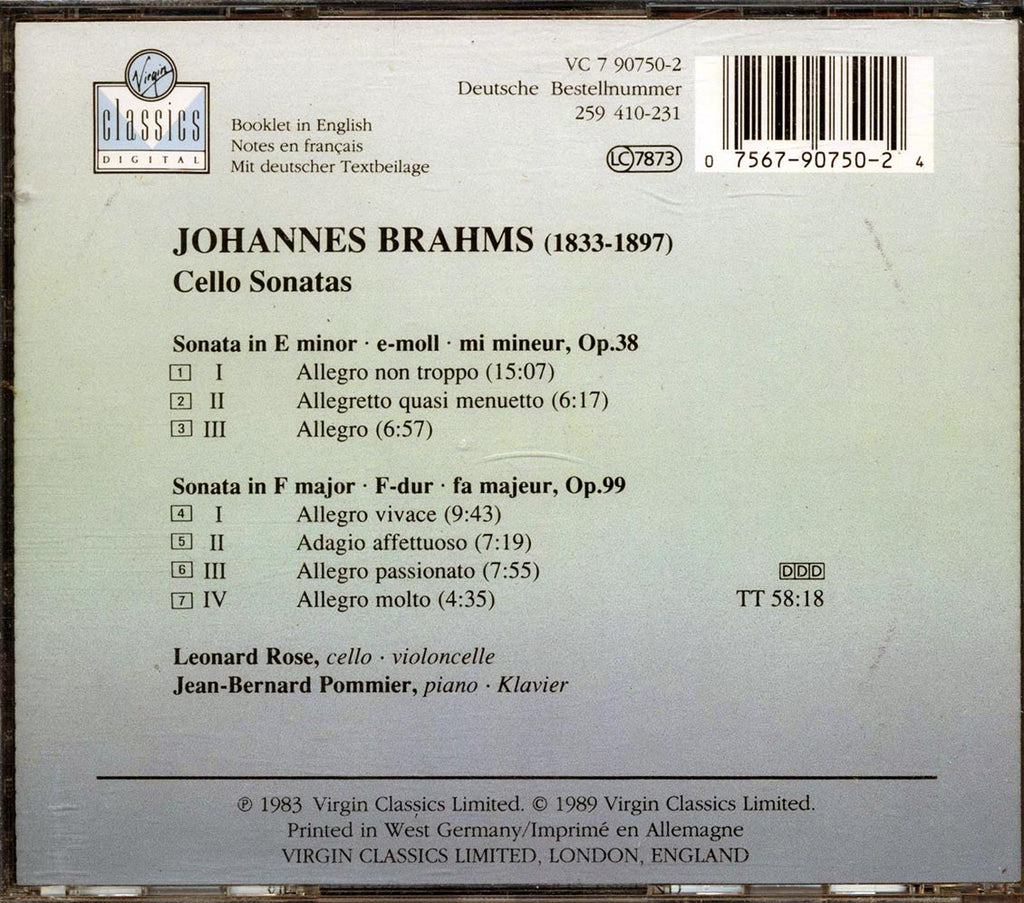 Leonard Rose, Jean-Bernart Pommier, Brahms - Brahms: Cello Sonatas Music CD