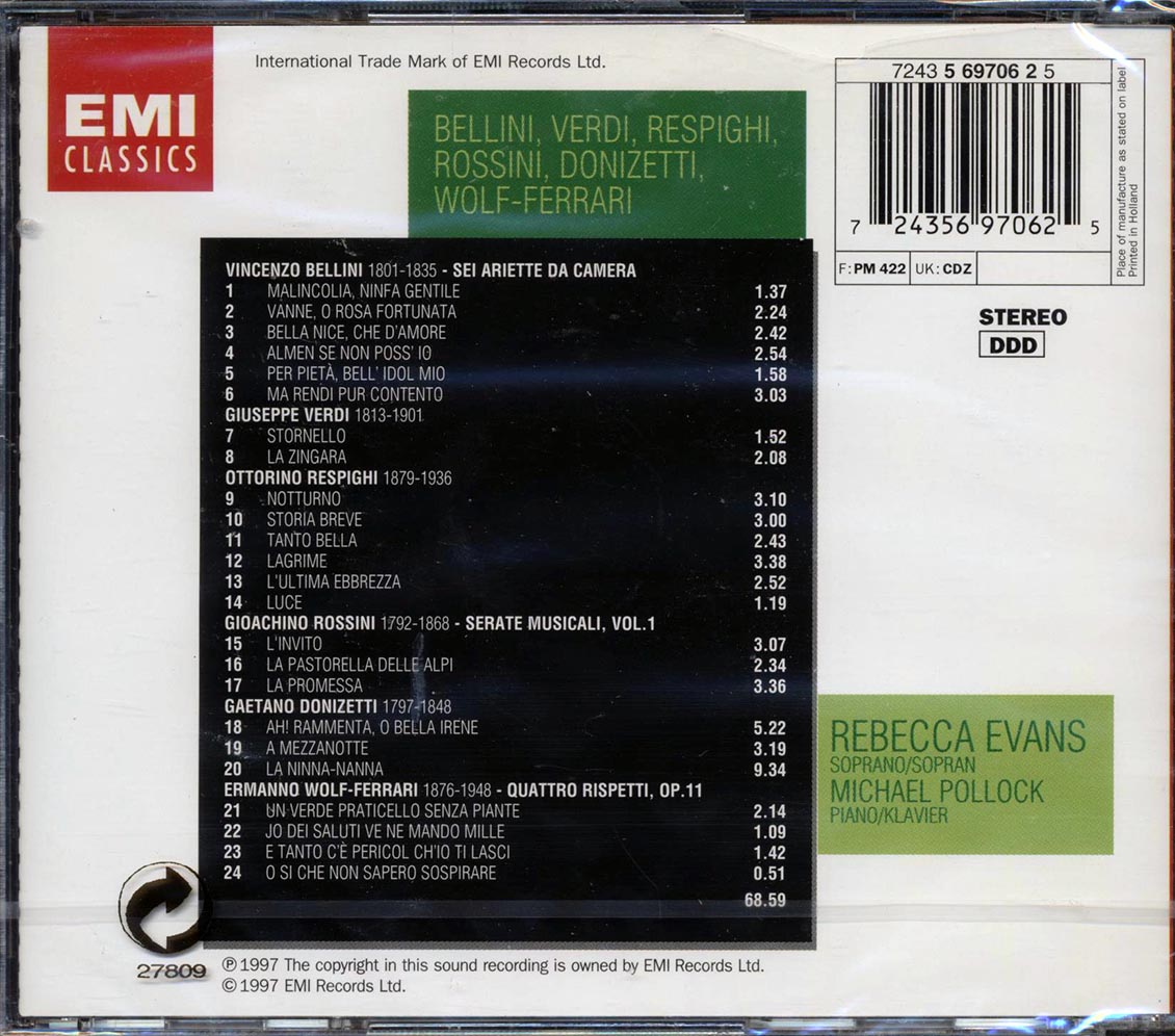 Rossini, Bellini, Verdi, Donizetti, Wolf-Ferrari, Respighi, Rebecca Evans - Songs (2xCD) Music CD
