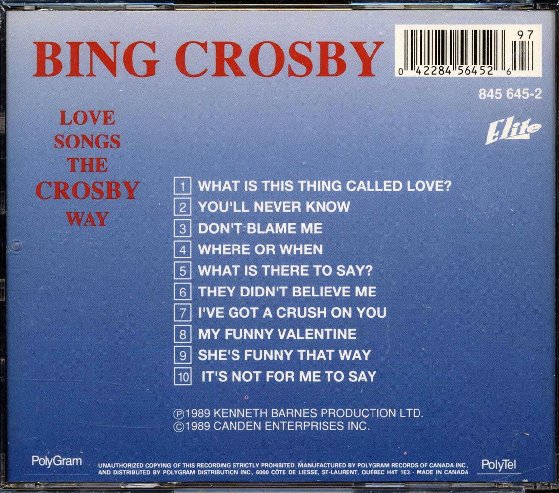 Bing Crosby - Love Songs The Crosby Way Music CD