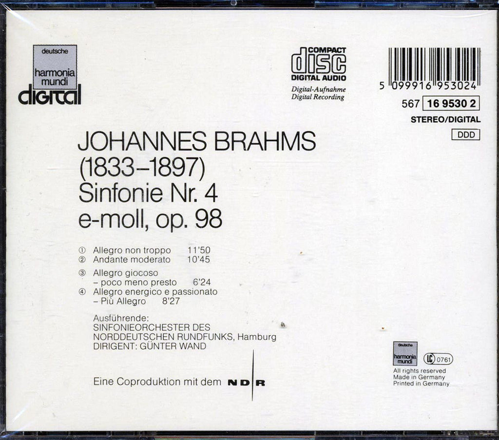 Gunter Wand, Sinfonieorchester Des Norddeutschen Rundfunks, Johannes Brahms - Sinfonie Nr. 4 E-Moll, Opus 98 Music CD