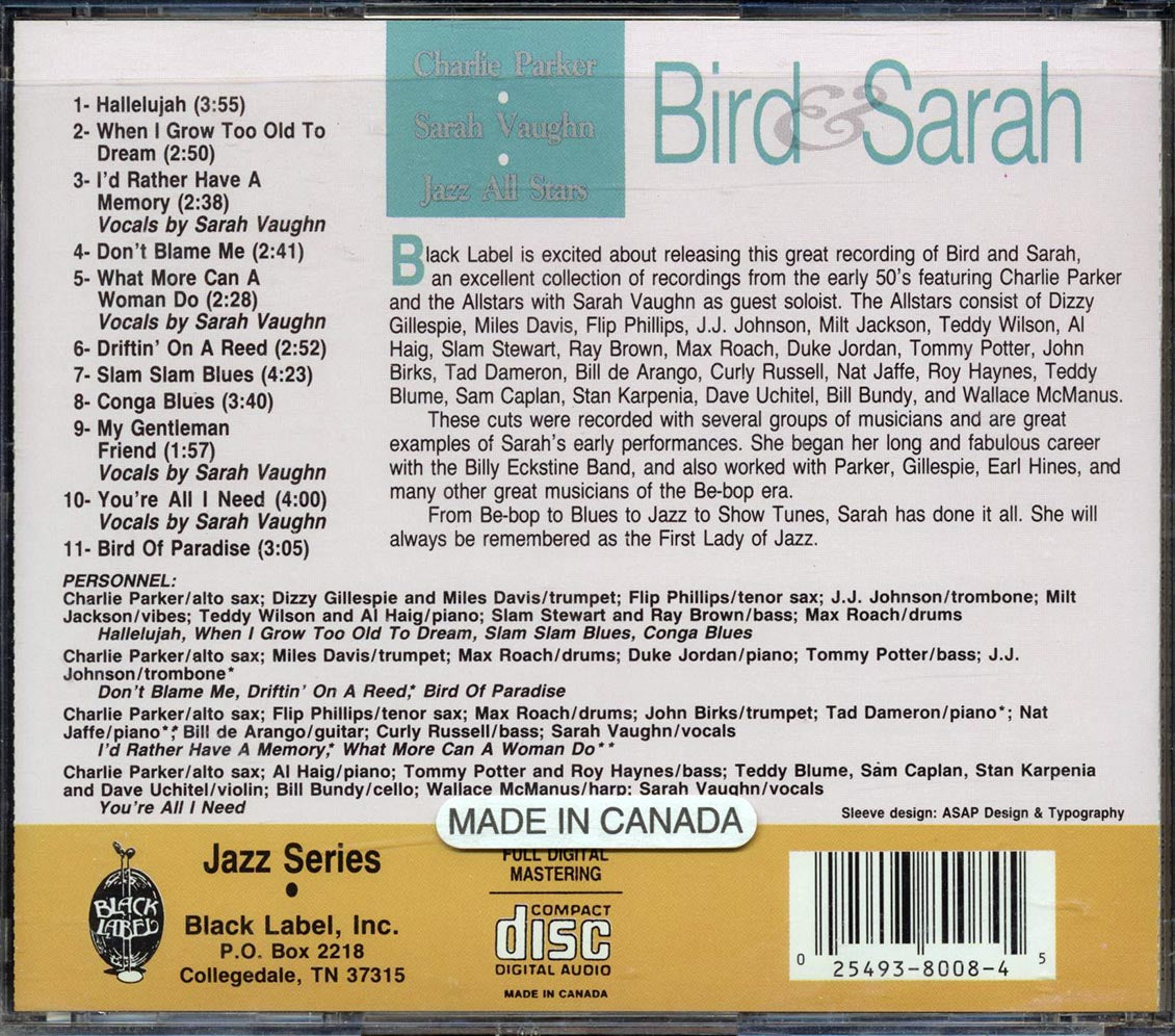 Charlie Parker, Sarah Vaughn - Jazz All Stars Music CD