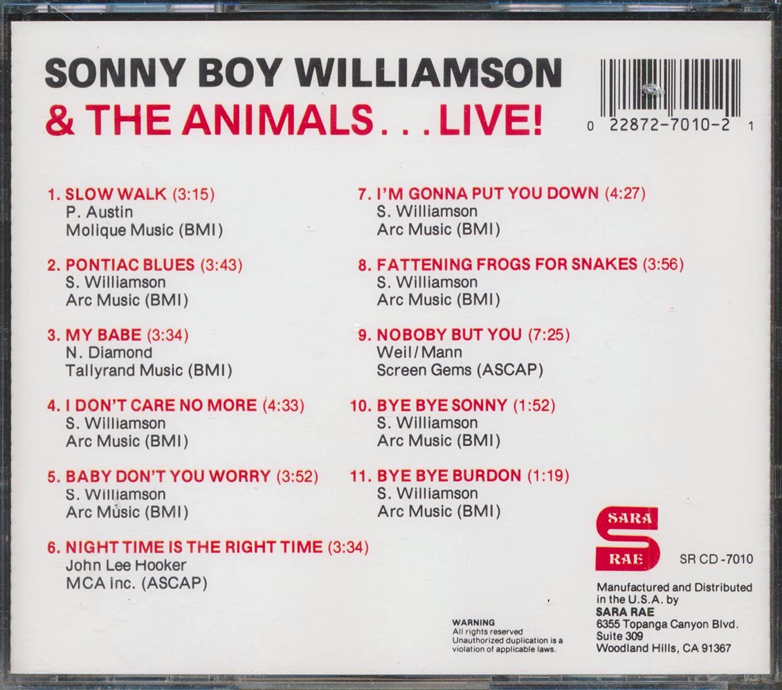 Sonny Boy Williamson, The Animals - Sonny Boy Williamson & The Animals... Live! Music CD