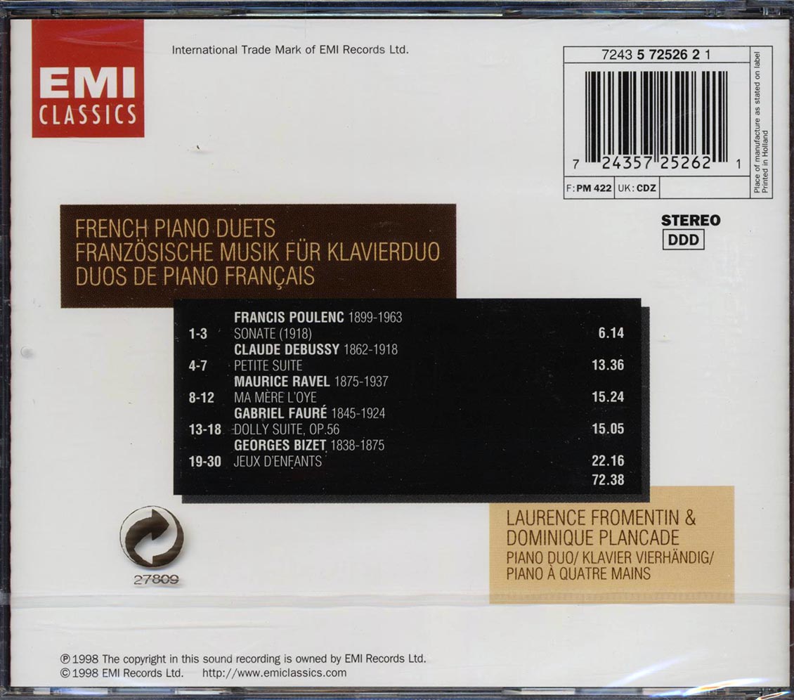 Laurence Fromentin, Dominique Plancade, Poulenc, Etc. - French Piano Duets Music CD