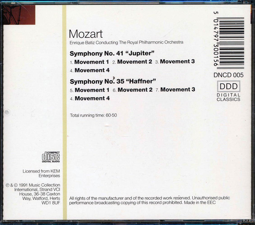 Mozart, Enrique Batiz, The Royal Philharmonic, Etc. - Symphony Number 41: The Jupiter and Symphony Number 35: The Haffner Music CD