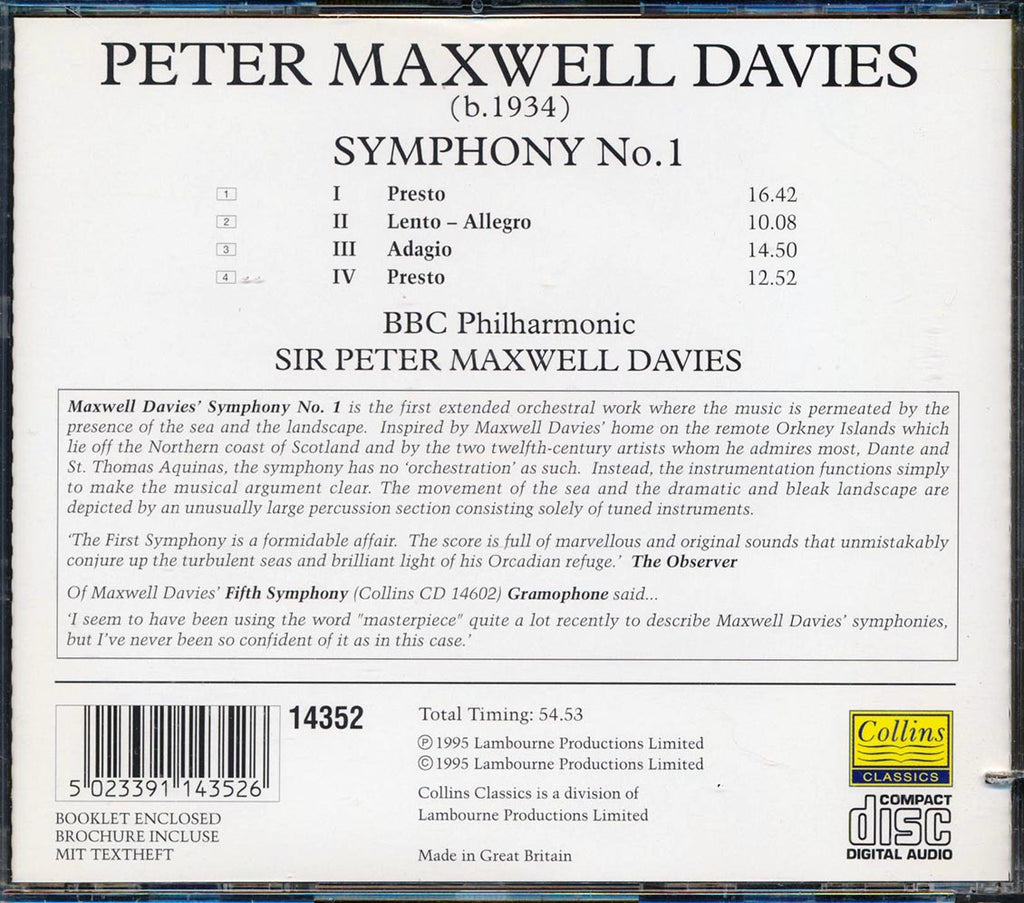 Maxwell Davies, BBC Philharmonic, Sir Peter Maxwell Davies - Symphony Number 1  (marked/ltd stock) Music CD