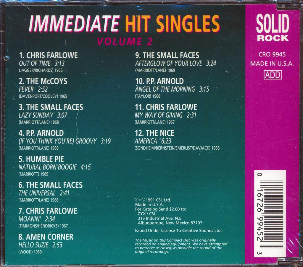 Chris Farlowe, The McCoys, The Small Faces, Etc. - Immediate Hit Singles Volume 2 Music CD