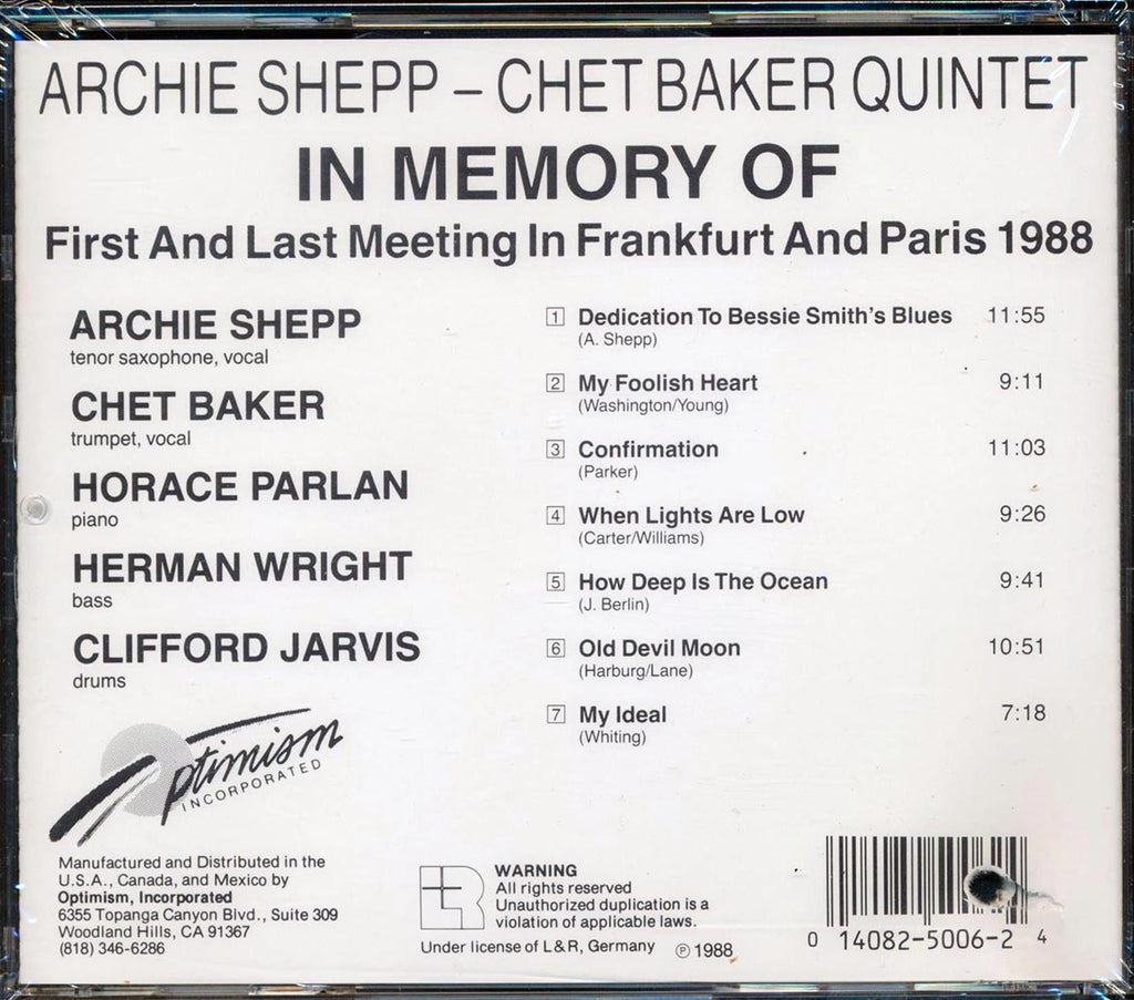 Archie Shepp & Chet Baker Quintet - In Memory Of  (marked/ltd stock) Music CD
