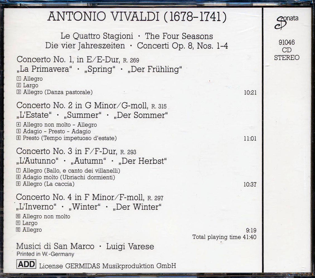 Antonio Vivaldi, Musici Di San Marco, Luigi Varese - The Four Seasons: Le Quattro Stagioni Music CD
