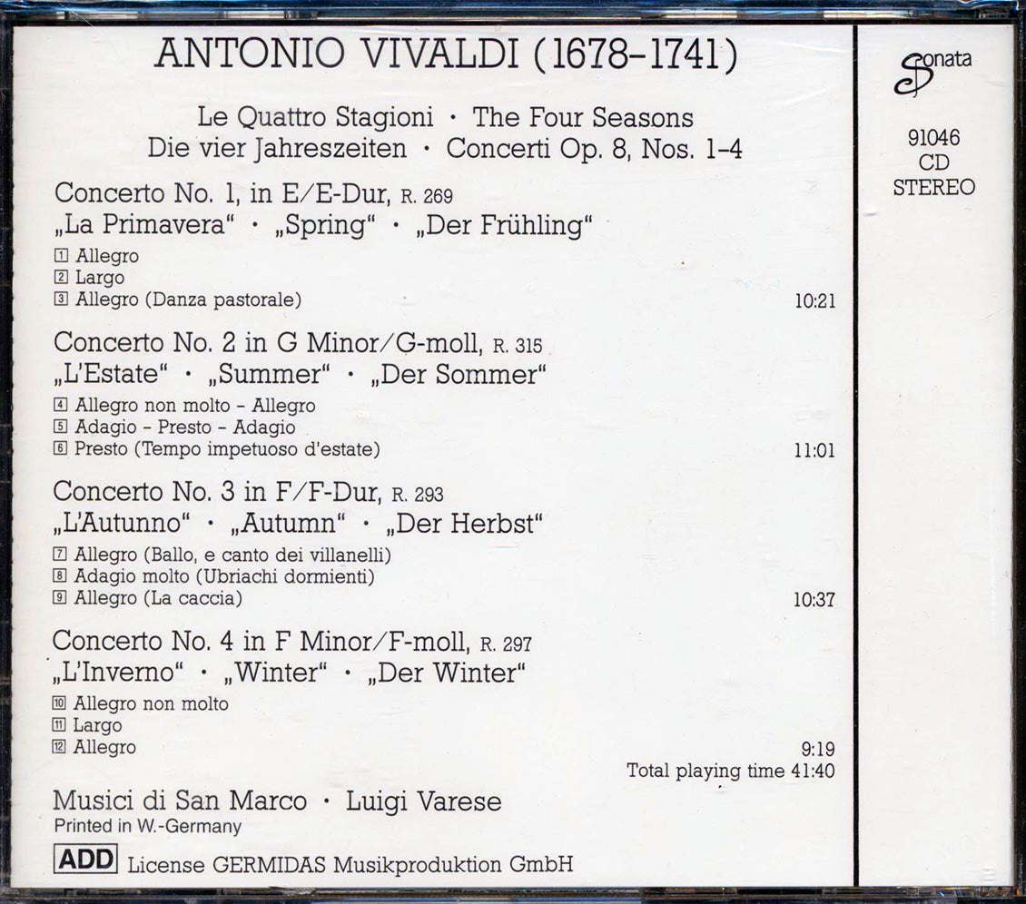 Antonio Vivaldi, Musici Di San Marco, Luigi Varese - The Four Seasons: Le Quattro Stagioni Music CD