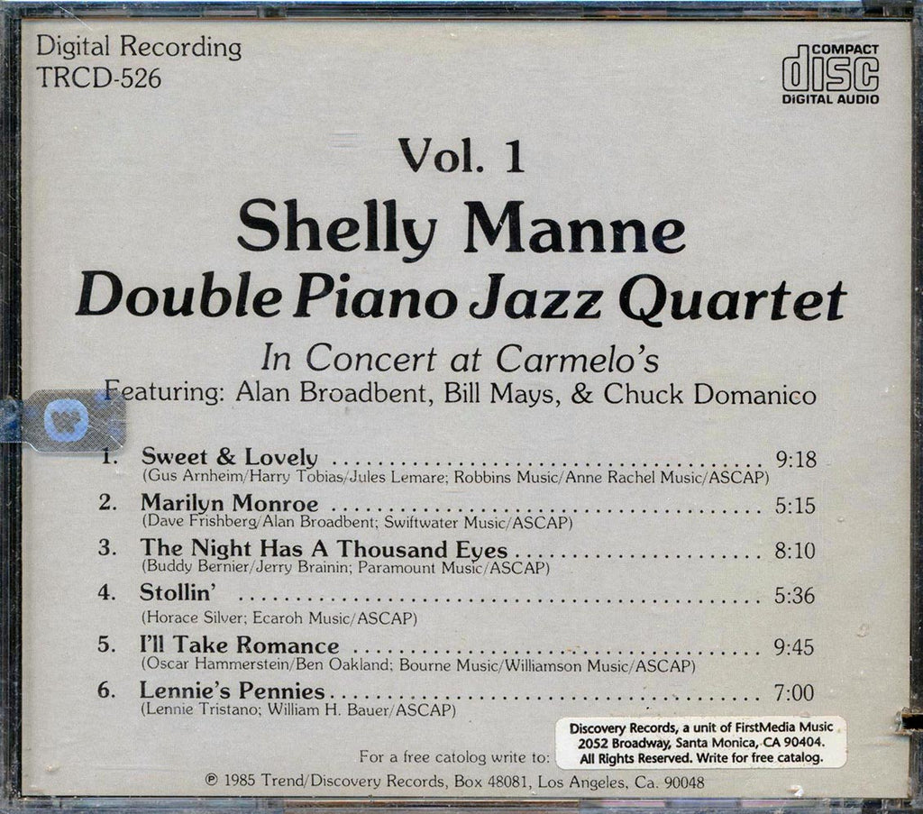Shelly Manne - Souble Piano Jazz Quartet N Concert At Carmelo's (marked/ltd stock) Music CD