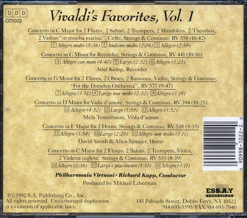 Antonio Vivaldi, Philharmonia Virtuosi, Richard Kapp - Vivaldi's Favorites Volume 1: Six Concertos For Diverse Instruments) Music CD