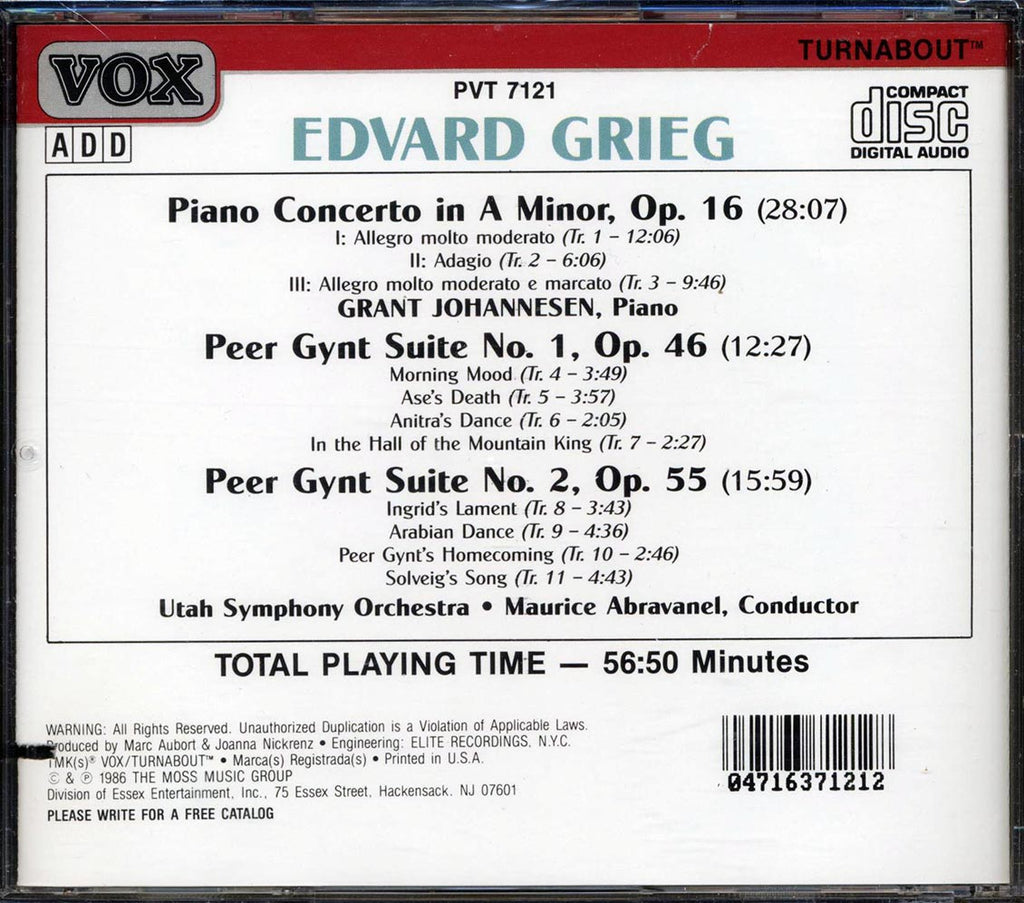 Edvard Grieg, Grant Johannesen, Utah Symphony Orchestra, Maurice Abravanel - Piano Concerto / Peer Gynt Suites (marked/ltd stock) Music CD