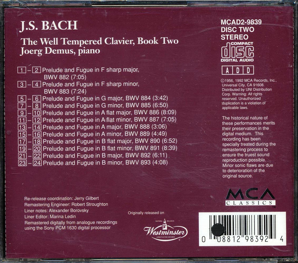 Johann Sebastian Bach, Joerg Demus - The Well Tempered Clavier, Book Two (marked/ltd stock) Music CD