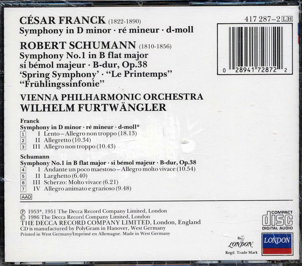 Franck, Schumann, Vienna Philharmonic, Wilhelm Furtwangler - Symphony In D Minor, Spring Symphony Music CD