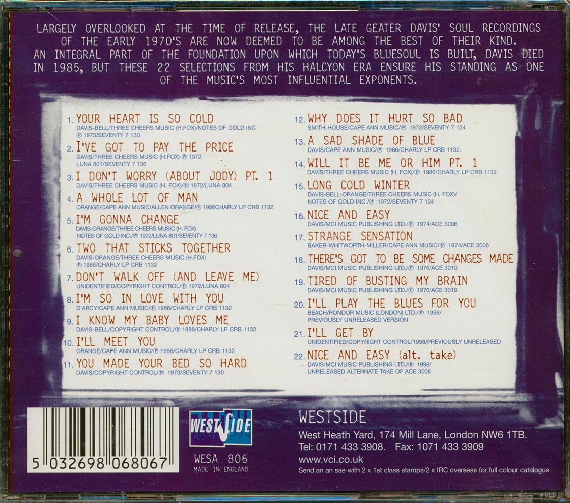 Geater Davis - Sadder Shades Of Blue: The Southern Soul Sessions 1971-76 (22 tracks) (remastered) Music CD