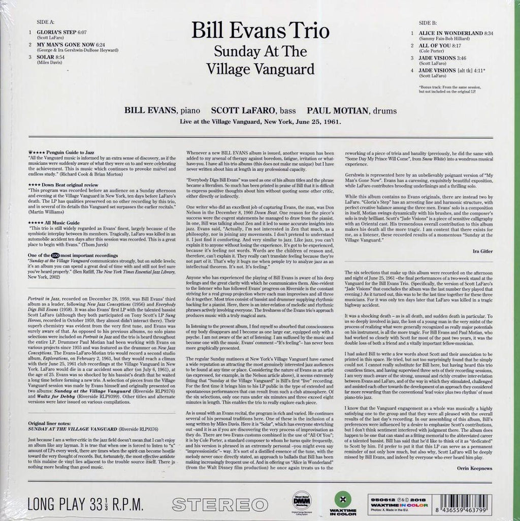 Bill Evans Trio - Sunday At The Village Vanguard (+bonus track) (ltd. ed.) (180g) (green vinyl) Vinyl Record