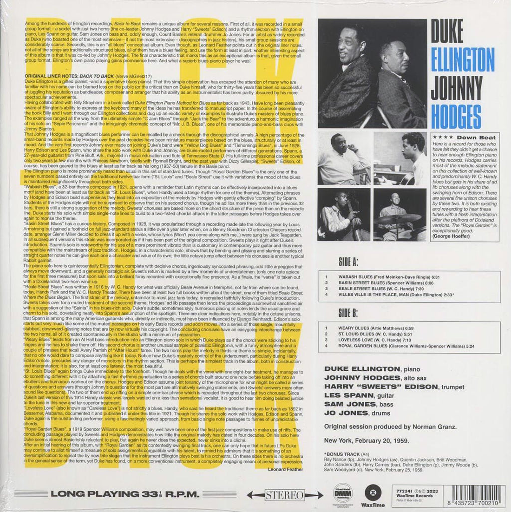 Duke Ellington, Johnny Hodges - Back To Back (+bonus track) (ltd. ed.) (180g) Vinyl Record