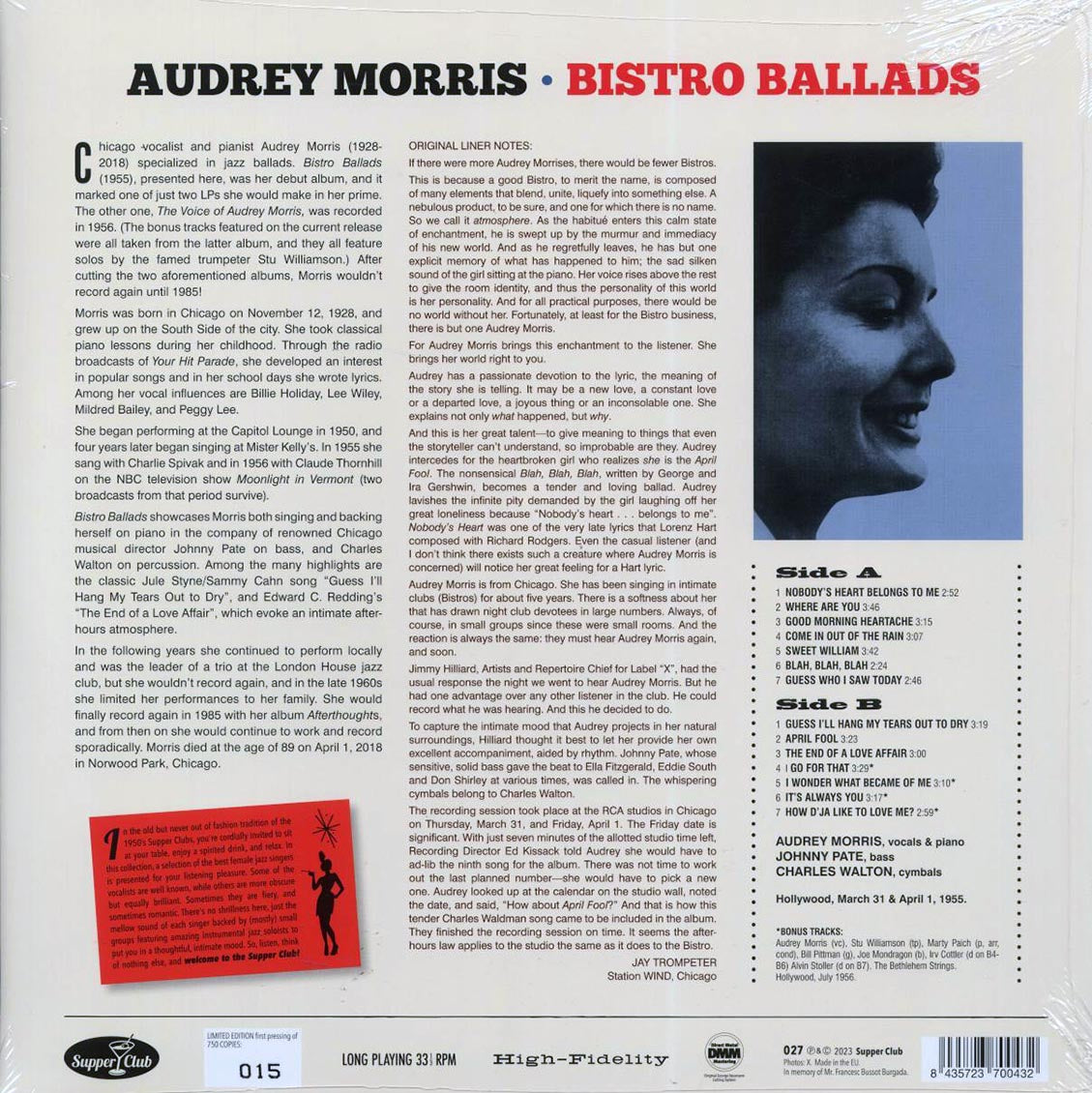 Audrey Morris - Bistro Ballads Sung By Audrey Morris (+4 bonus tracks) (ltd. ed.) (180g) Vinyl Record