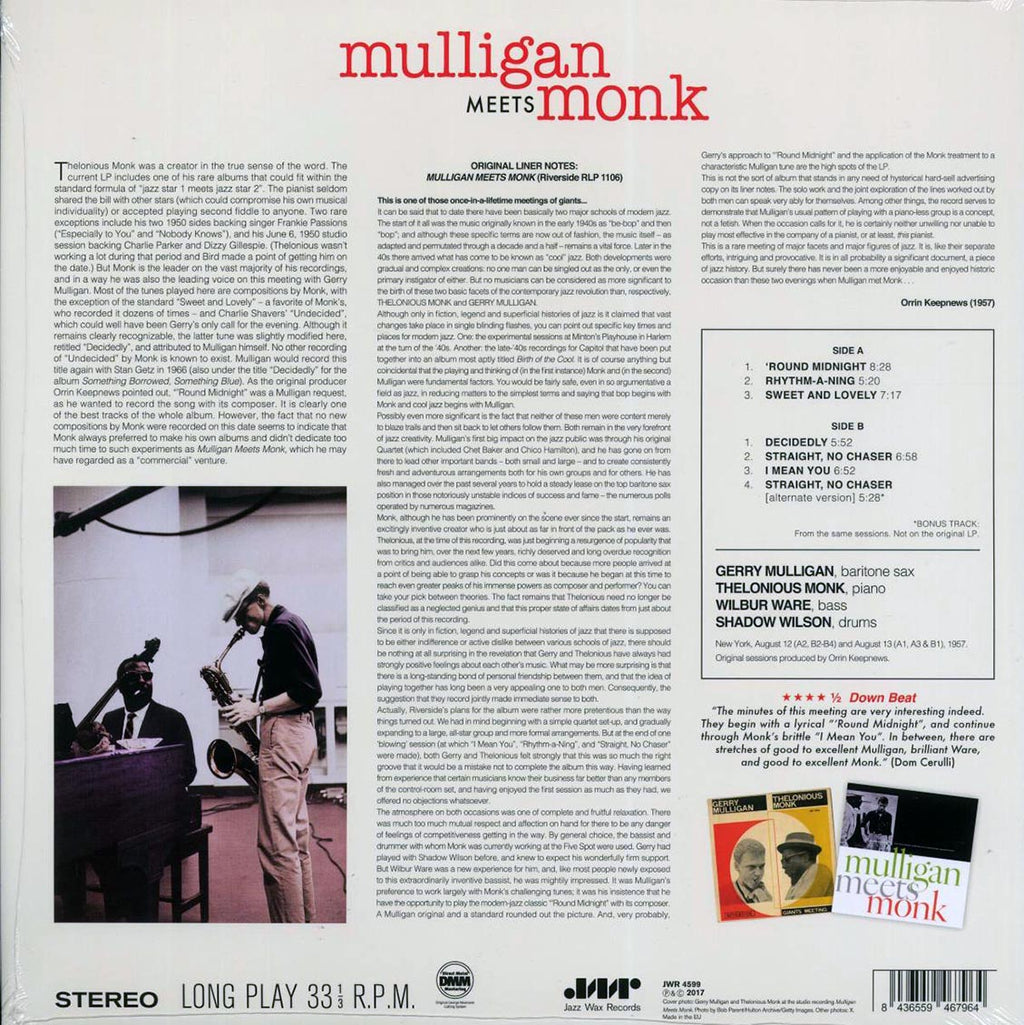 Thelonious Monk, Gerry Mulligan - Mulligan Meets Monk (+bonus track) (180g) Vinyl Record
