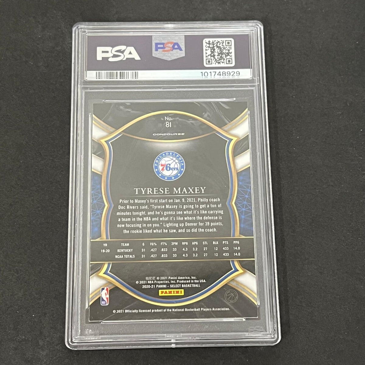 2020-21 Panini Select #81 Tyrese Maxey Signed Card AUTO PSA 76ers RC