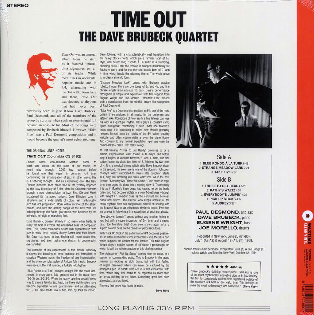 Dave Brubeck Quartet - Time Out (+bonus track) (ltd. ed.) (180g) (clear vinyl) Vinyl Record