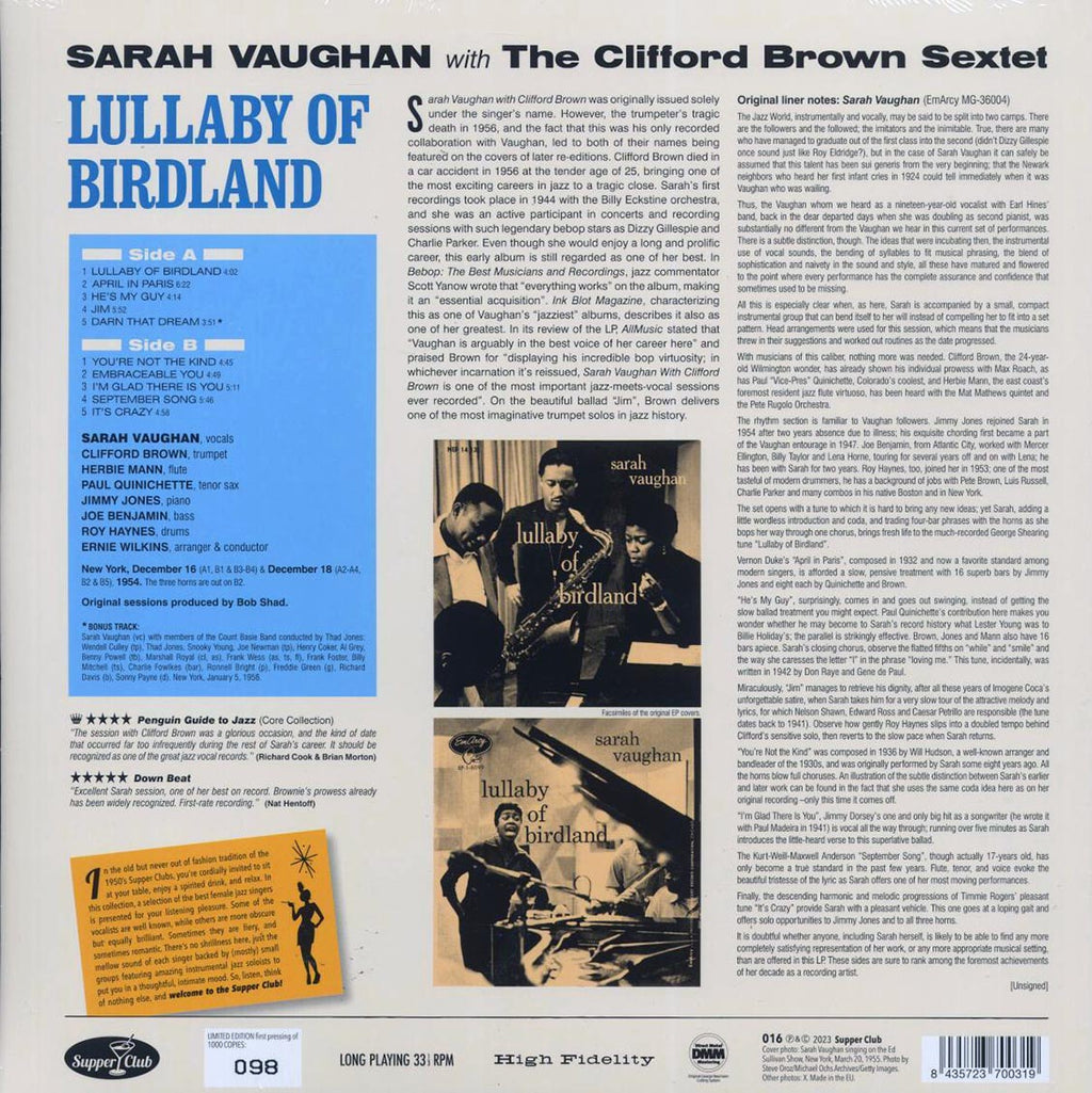 Sarah Vaughan, Clifford Brown Sextet - Lullaby Of Birdland (+bonus track) (ltd. ed.) (180g) Vinyl Record