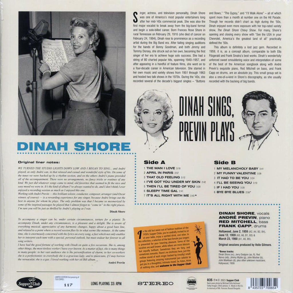 Dinah Shore - Dinah Sings, Previn Plays: Songs In A Mid-Night Mood (+2 bonus tracks) (ltd. ed.) (180g) Vinyl Record