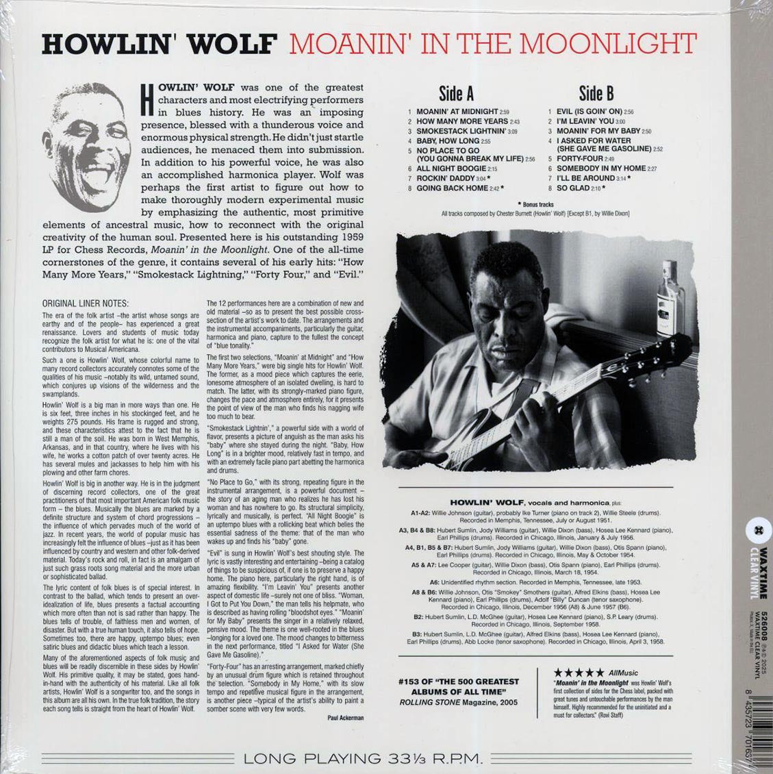Howlin' Wolf - Moanin' In The Moonlight (+4 bonus tracks) (ltd. ed.) (180g) (clear vinyl) Vinyl Record