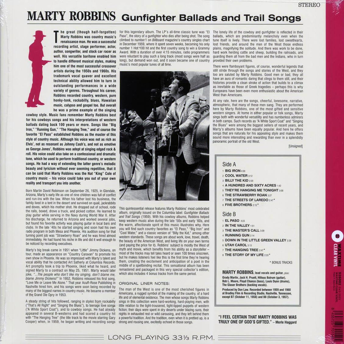 Marty Robbins - Gunfighter Ballads And Trail Songs (+4 bonus tracks) (ltd. ed.) (180g) (clear vinyl) Vinyl Record