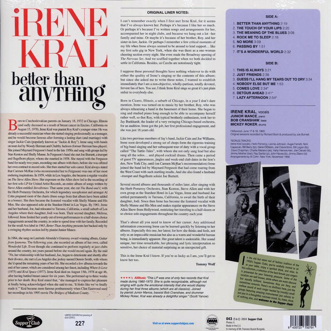 Irene Kral, Junior Mance Trio - Better Than Anything (+3 bonus tracks) (ltd. ed.) (180g) Vinyl Record
