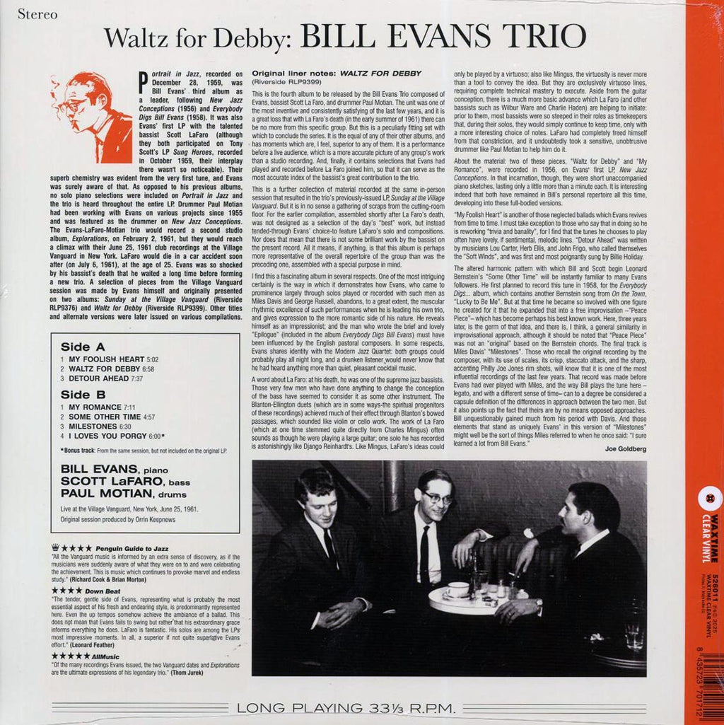 Bill Evans Trio, Scott LaFaro, Paul Motian - Waltz For Debby (+bonus track) (ltd. ed.) (180g) (clear vinyl) Vinyl Record