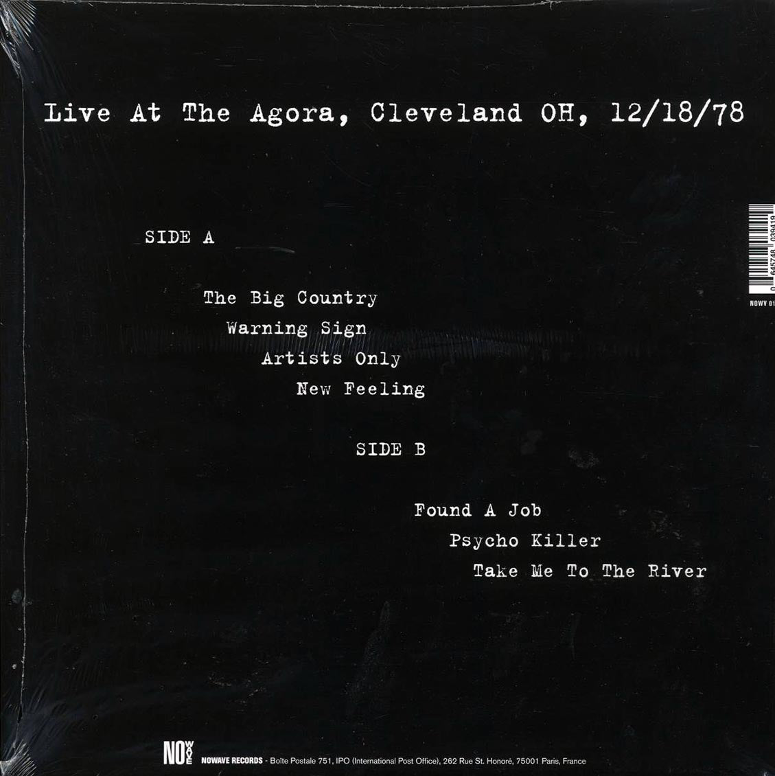 Talking Heads - Live At The Agora, Cleveland OH, 12/18/78 Vinyl Record