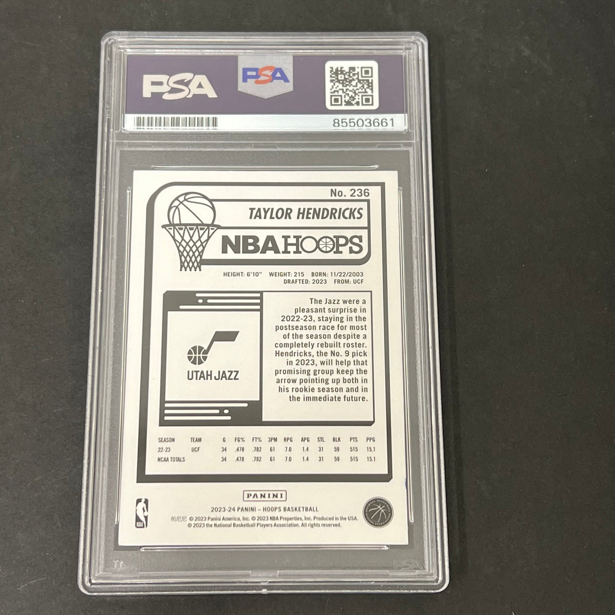 2023-24 Panini Hoops Basketball #236 Taylor Hendricks signed card PSA