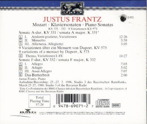 Mozart / Frantz,justus - Piano Sonatas Kv 331-3 - Music CD