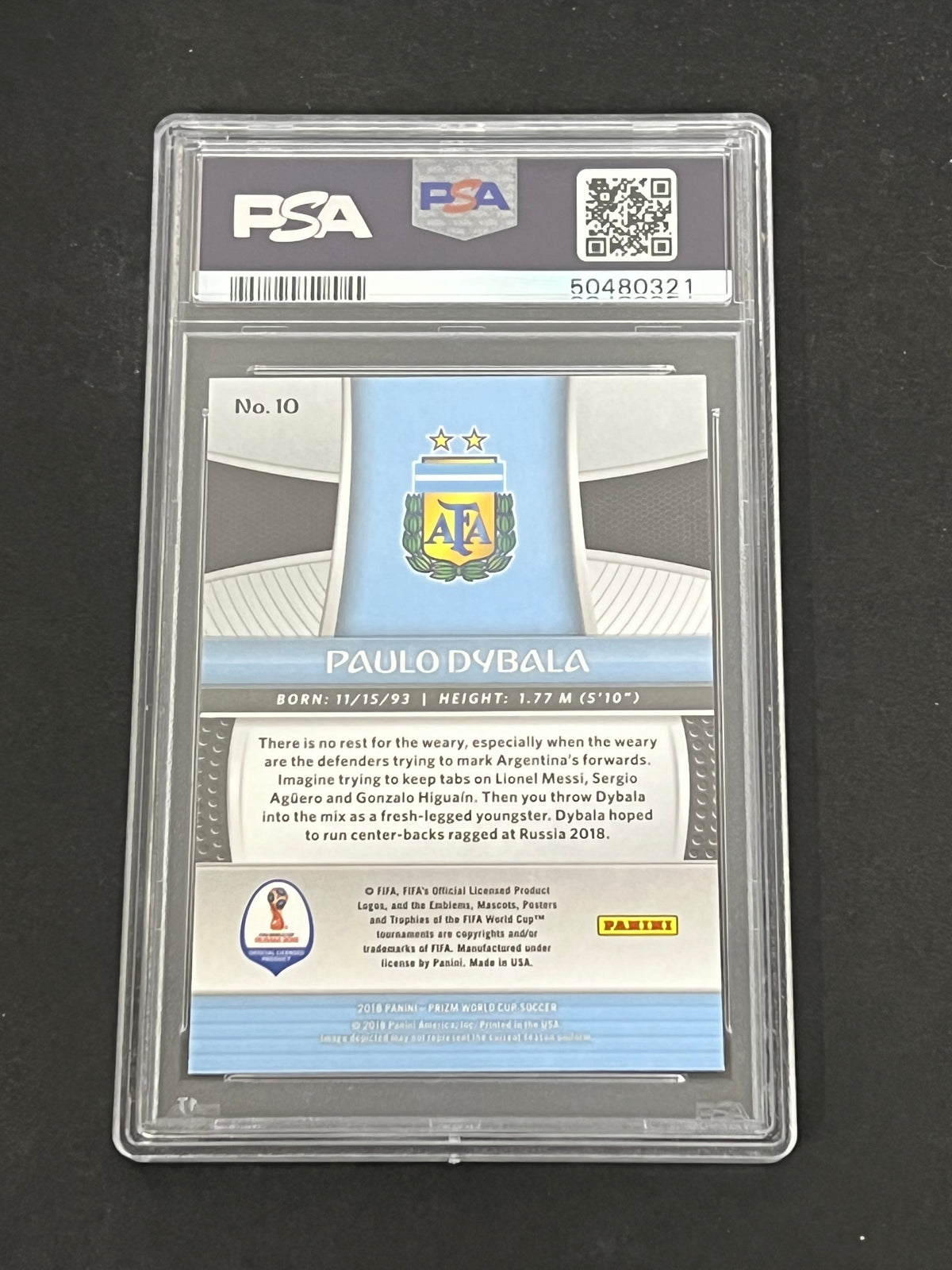 2018 Panini Prizm World Cup #10 Paulo Dybala Signed Card PSA 8 Autographed