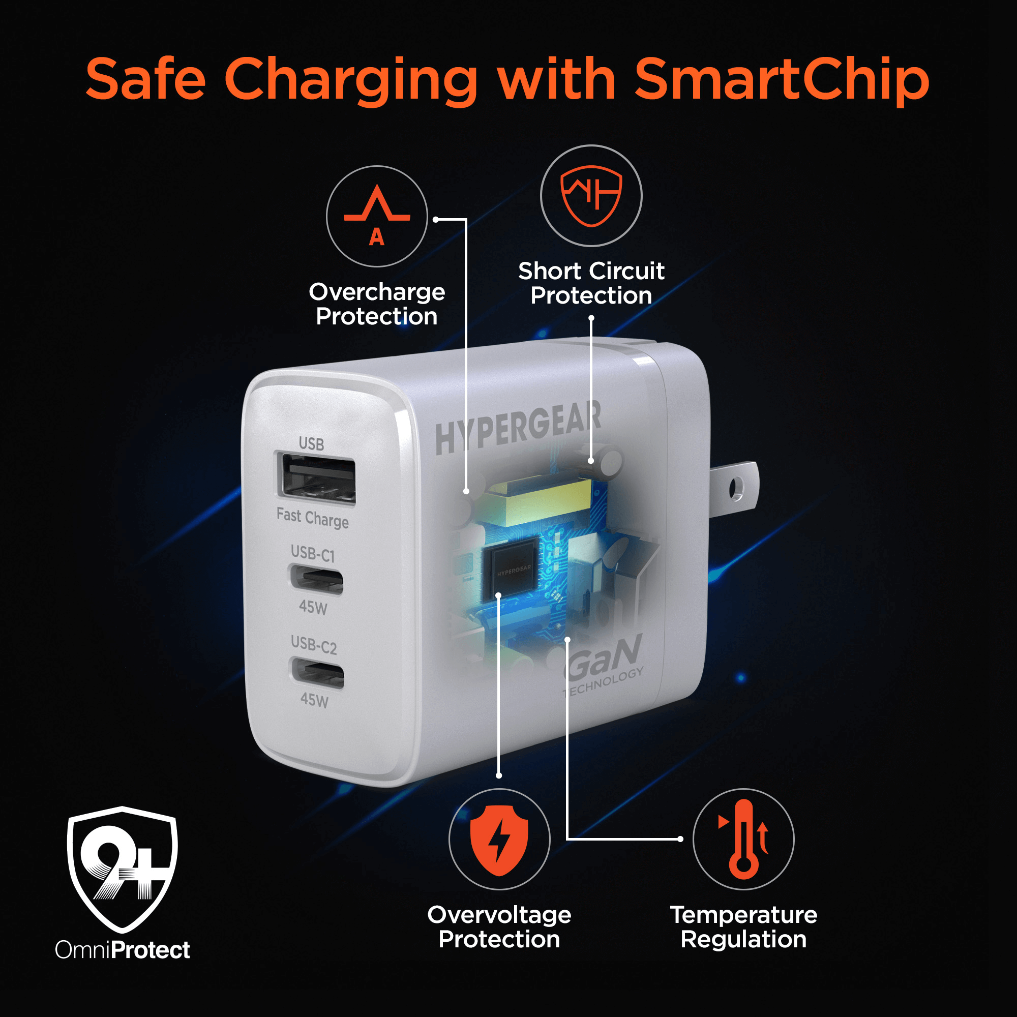 HyperGear 45W USB-C PD PPS Tri-Port GaN Fast Wall Charger