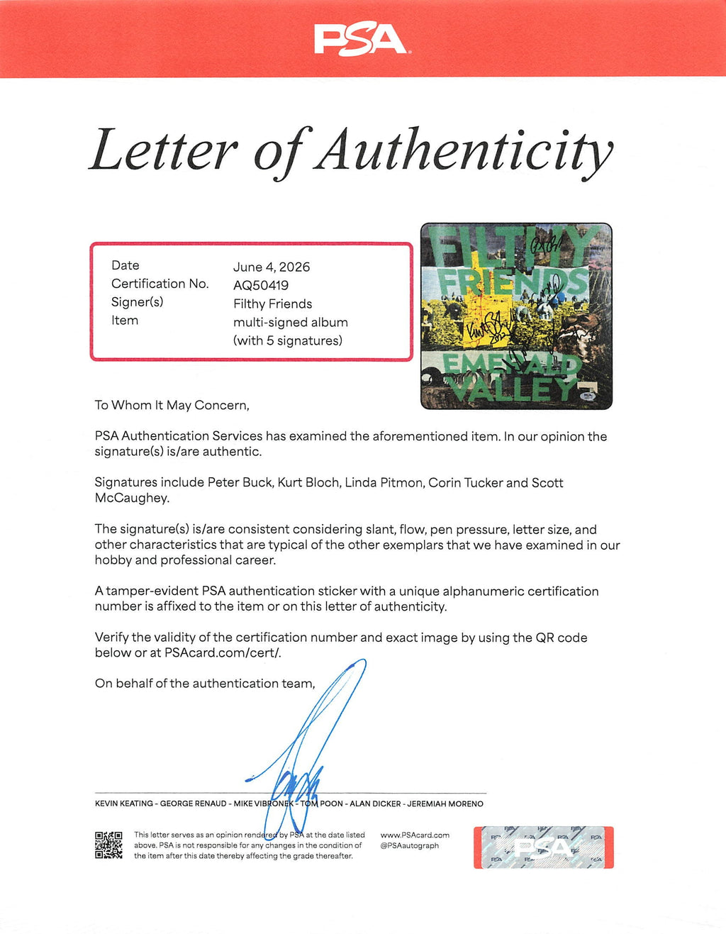 Filthy Friends Signed Emerald Valley Vinyl PSA