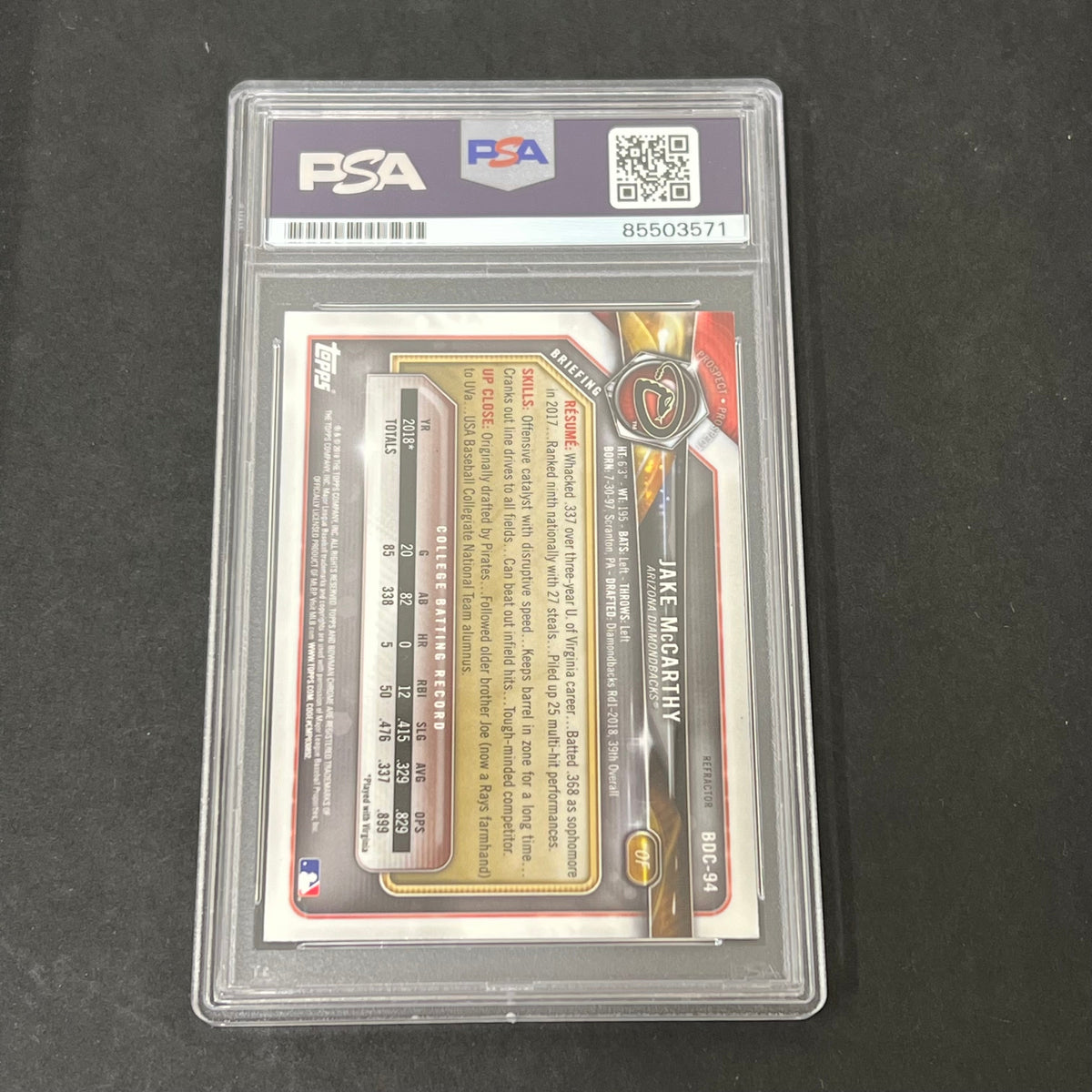 2019 Bowman Chrome #BDC-94 Jake McCarthy signed card