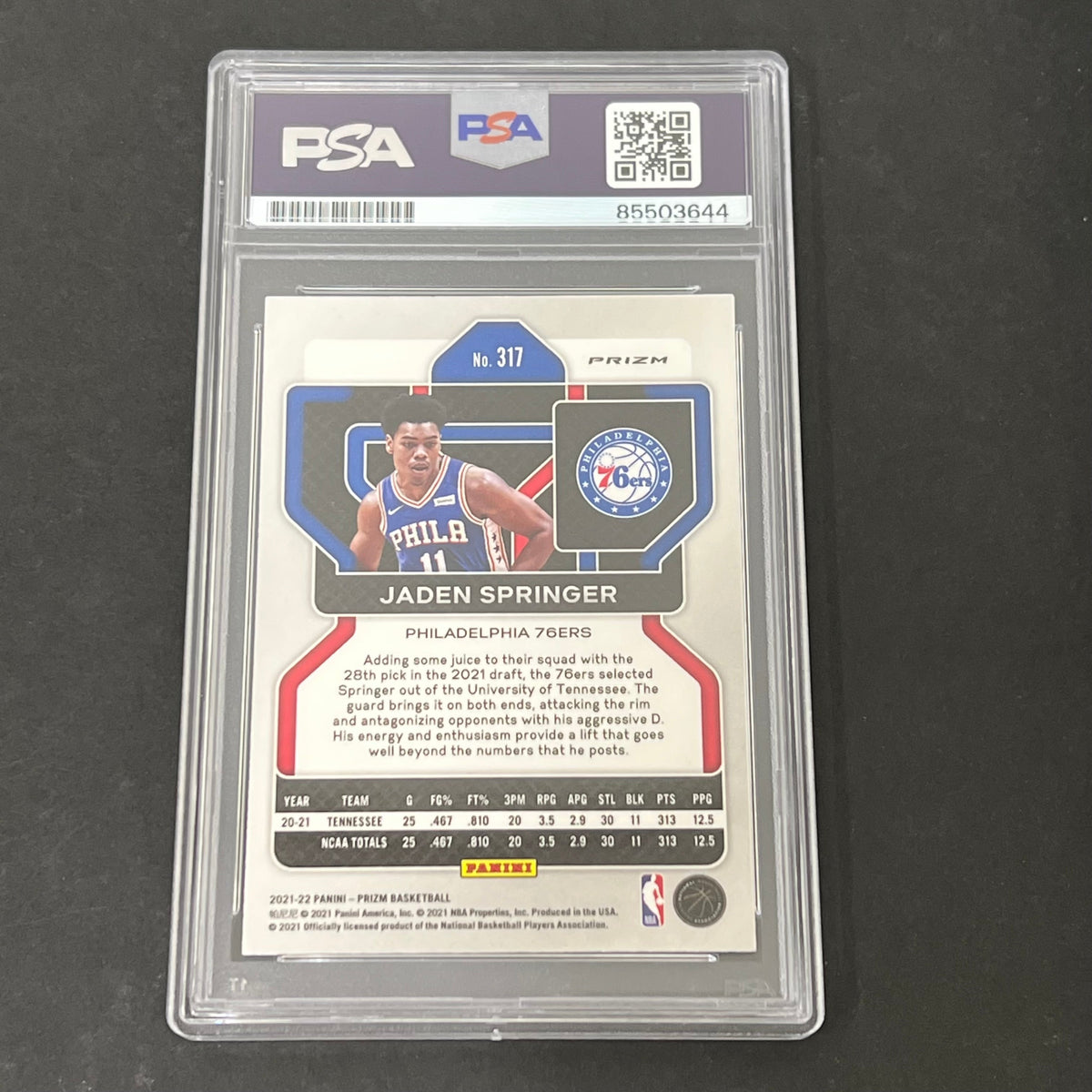 2021-22 Panini Prizm #317 Jaden Springer signed card PSA 76ers