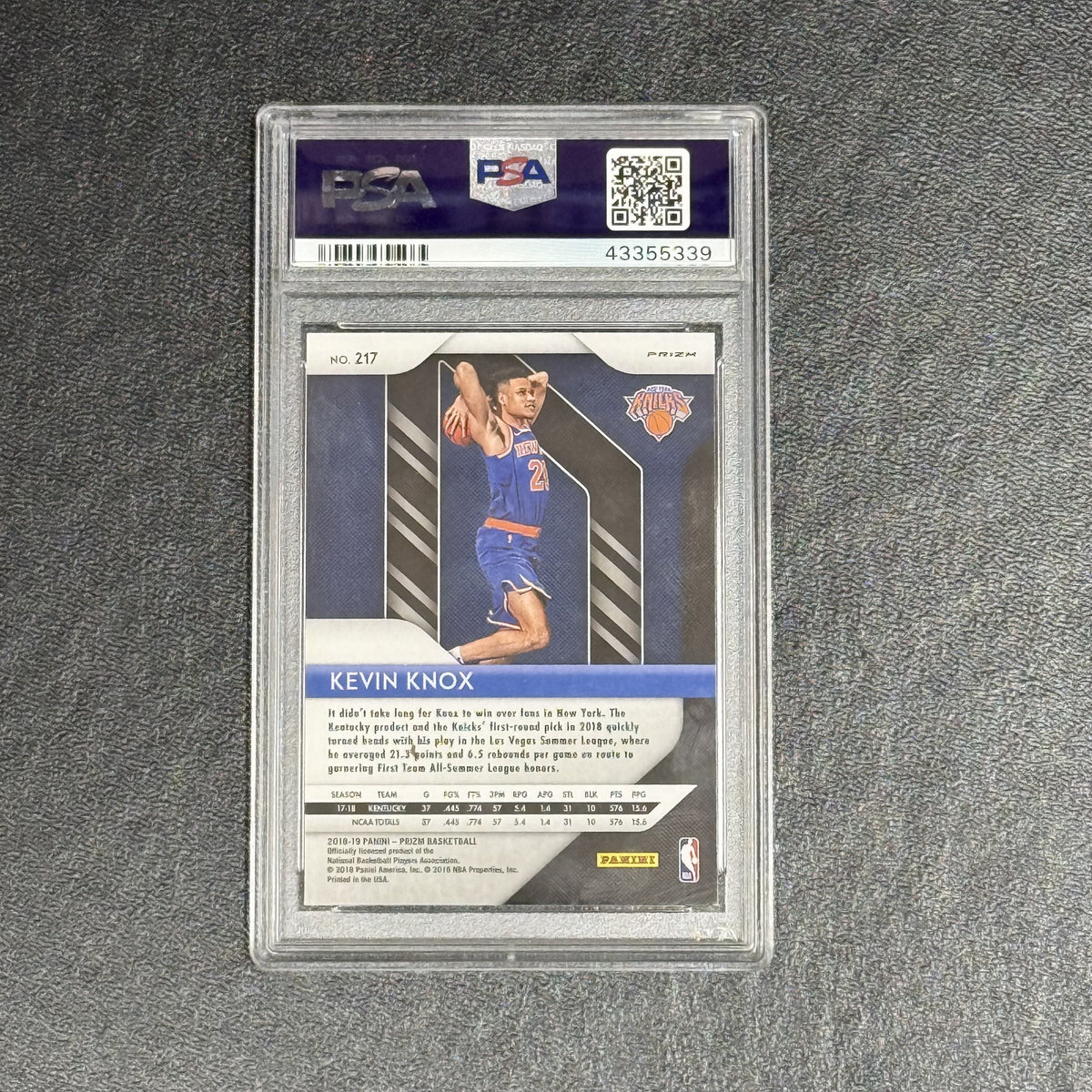 2018 Panini Prizm Pink Ice#217 Kevin Knox PSA 10 Slabbed New York Knicks