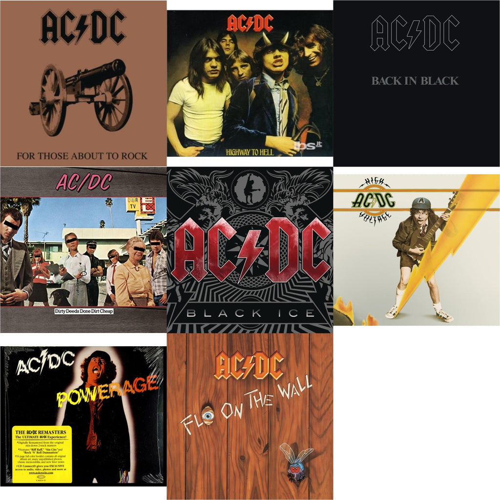 High Voltage & Dirty Deeds Done Dirt Cheap & Powerage & Highway To Hell & Back In Black & For Those About To Rock & Black Ice & Fly On The Wall